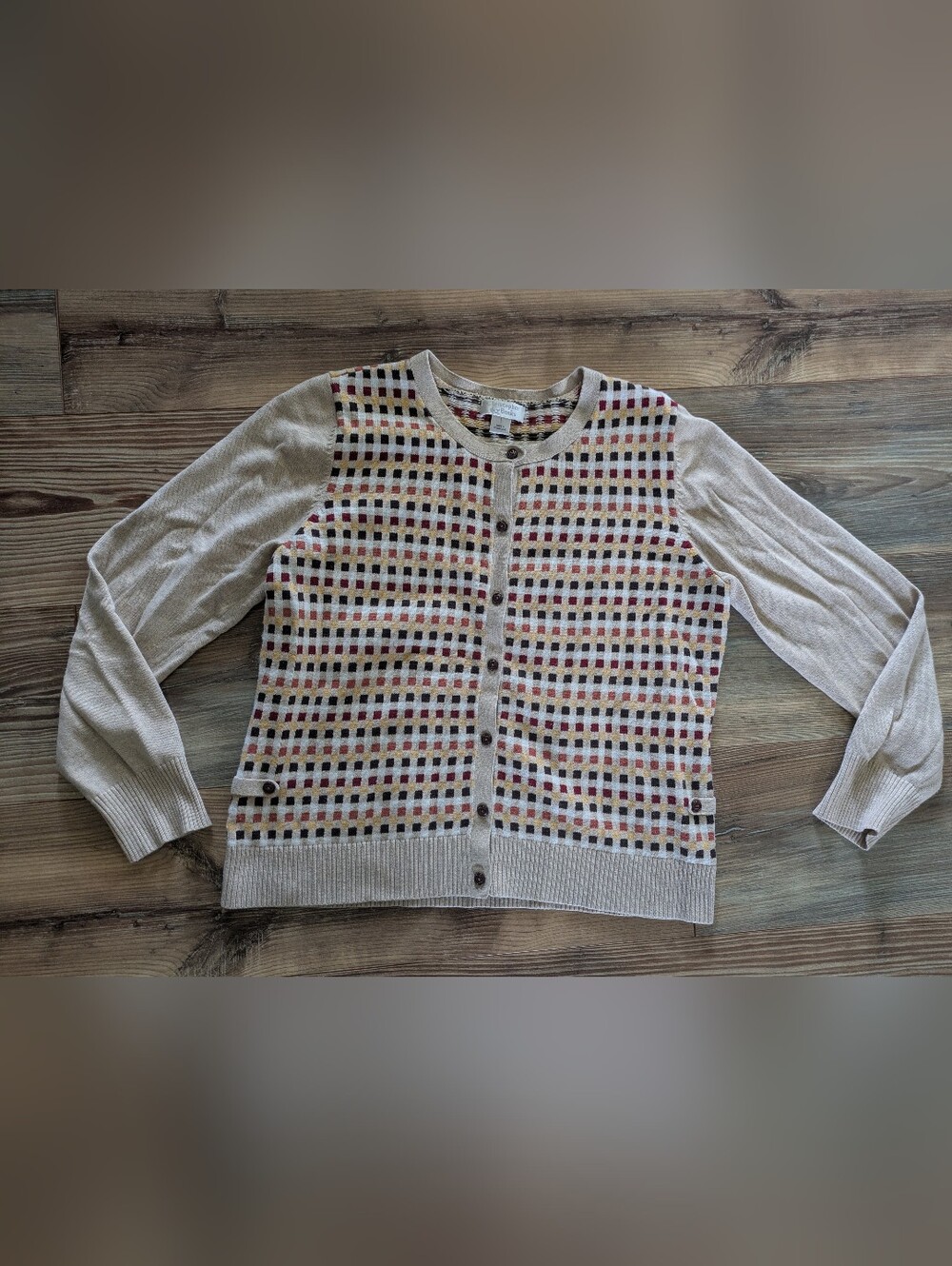 Vintage Christopher & Banks Tan Checkered Long Sleeve Button Down Cardigan LRGâ